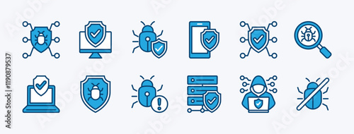 Set of cyber security and data protection technology icon. Containing antivirus, bug, hacker attack, and threats computer. Digital shield, warning, barrier, crime, no, searching. Vector illustration