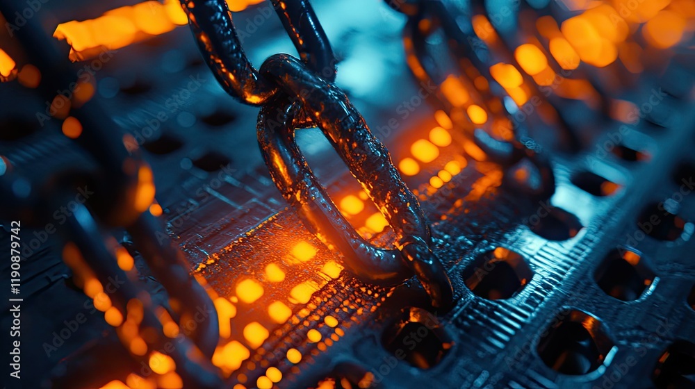 A conceptual illustration of a glowing chain link in red and blue hues, A conceptual illustration of a glowing chain link in red and blue hues,