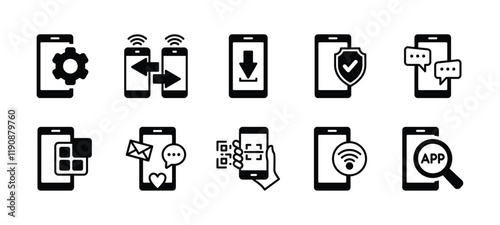 Application on mobile phone icon vector set. Containing searching app on smartphone, settings, share connection, download, protection, message, social media, scan barcode, wifi network