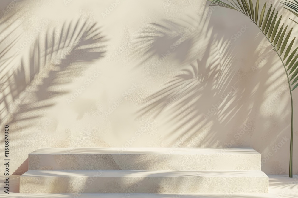 Luxury summer interior with minimal product placement and palm shadow. Luxury summer interior with minimal product placement and palm shadow.