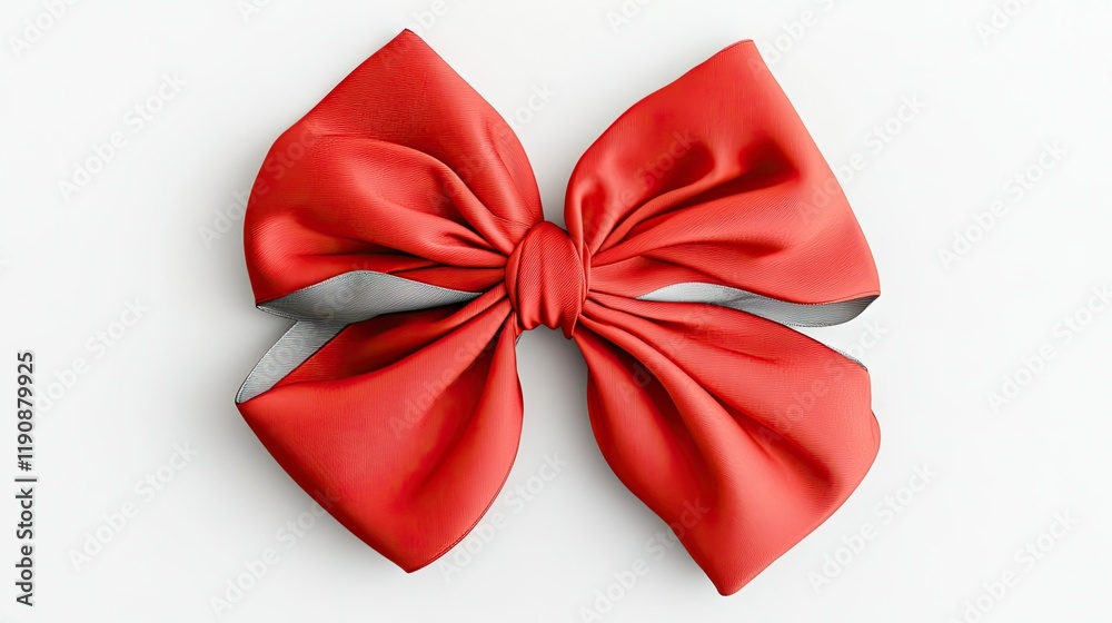 A festive flat lay of a bright red four-loop satin ribbon holiday bow with a gray sheen, beautifully displayed against a white background. A festive flat lay of a bright red four-loop satin ribbon holiday bow with a gray sheen, beautifully displayed against a white background.