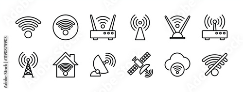 Internet broadband connection technology thin line icon set. Containing wifi button, router, modem, antenna, tower, wireless signal, no connection, satellite dish, network, access. Vector illustration