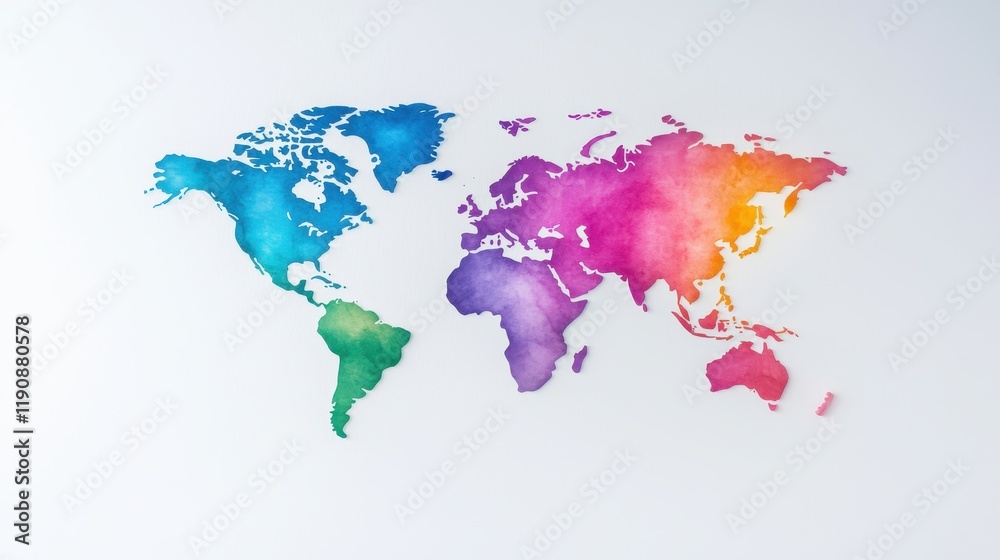 Obraz premium Colorful Watercolor World Map Illustration Global Travel Geography Rainbow Hues