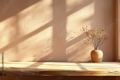 Empty table mockup for product presentation on brown wall.