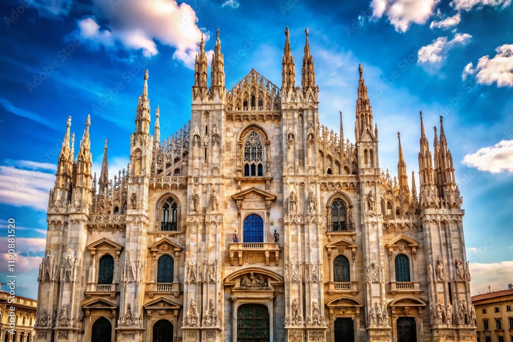 Fototapeta premium Milan Duomo Cathedral Facade, Lombardy, Italy - Majestic Gothic Architecture, Daytime Exterior View
