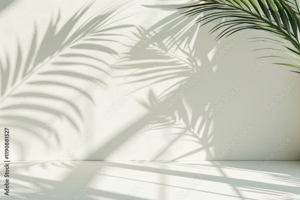 Fototapeta premium Palm leaf shadows on white wall and cream pastel floor.