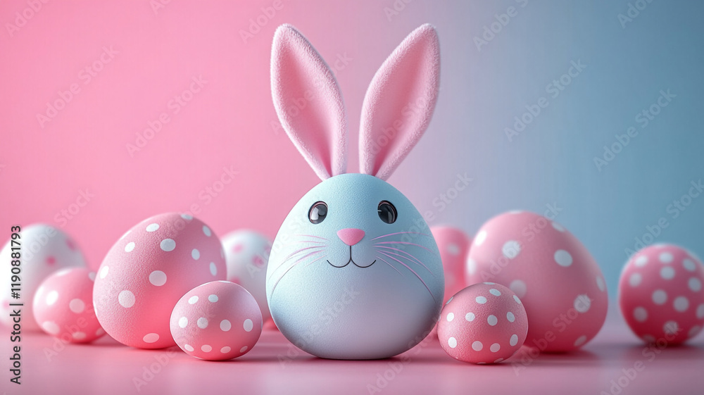 Obraz premium Easter white egg with rabbit ears. The Easter banner is pink.