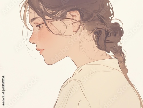 Profile of a young woman with long, brown, wavy hair in a loose braid, showcasing delicate features and a soft, painterly style, digital illustration. 