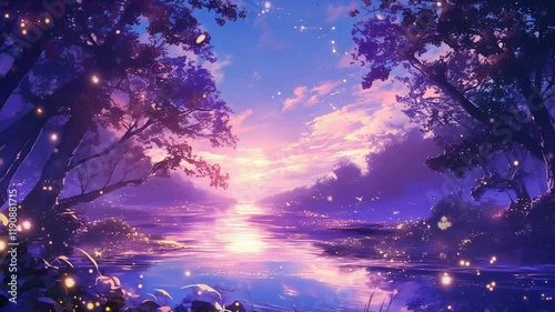 Enchanting Sunset Over Tranquil River in Mystical Forest
