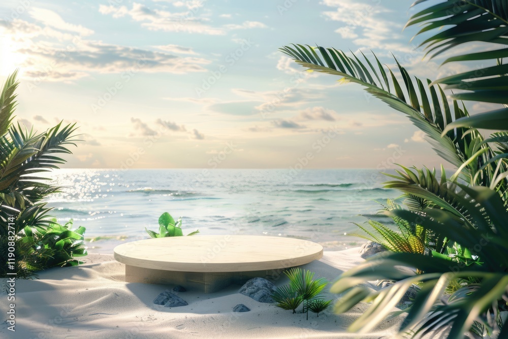 Tropical beach podium for product presentation 3D render. Tropical beach podium for product presentation 3D render.