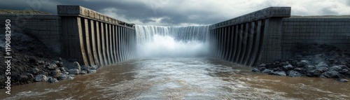 Majestic Dam with Cascading Waterfall Amidst Rocky Terrain and Lush Greenery.