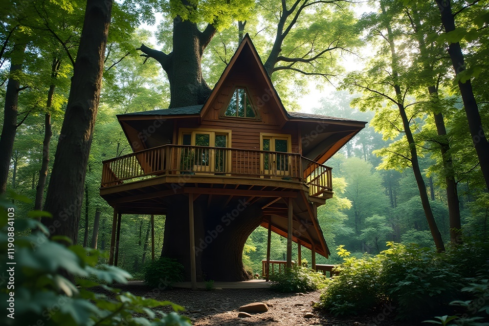 A star-shaped treehouse with each point jutting out into the forest. A star-shaped treehouse with each point jutting out into the forest.