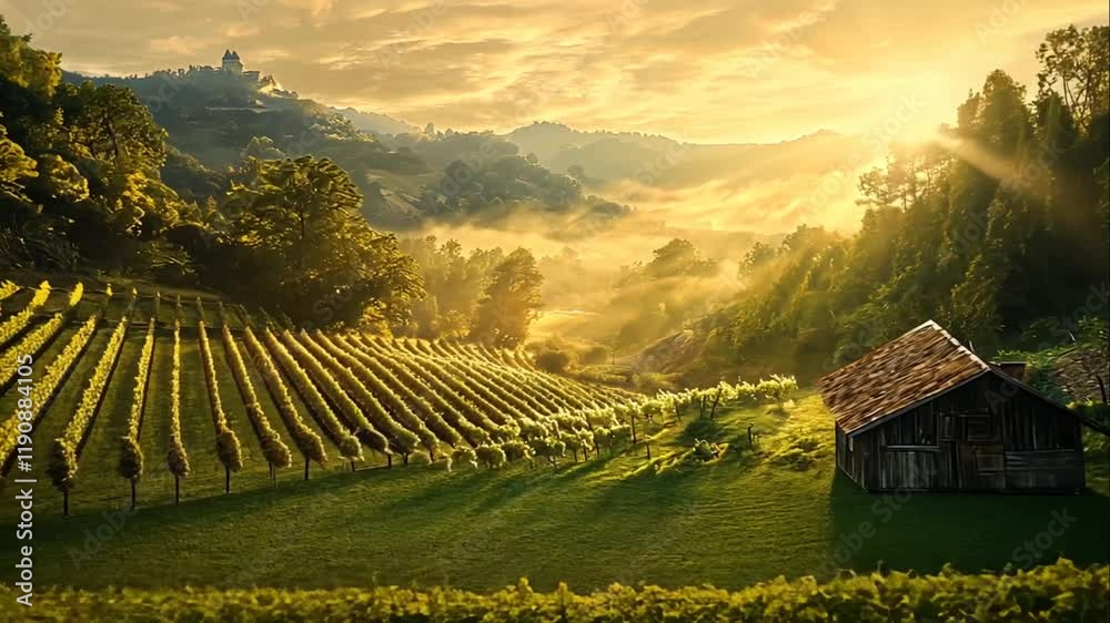 Golden sunrise illuminates a vineyard landscape with a rustic cabin nestled amongst rows of grapevines and distant hills.