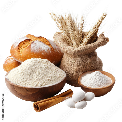 A close-up of a freshly baked sourdough bread loaf resting on a wooden cutting board on transparent png background