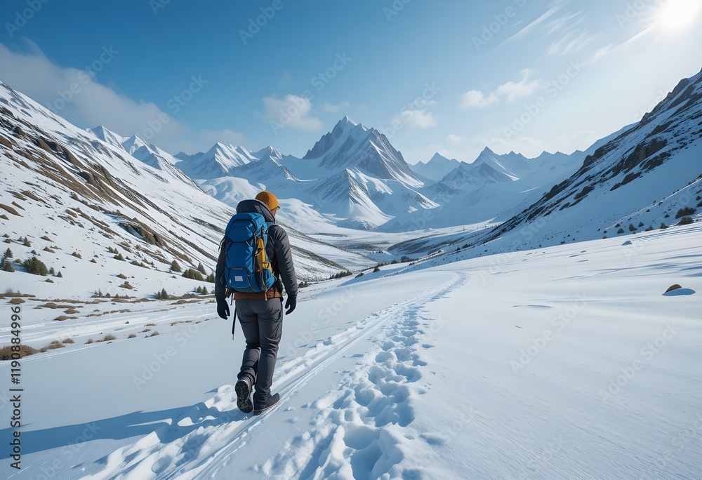 Backpacker walking through a snowy landscape, wearing winter clothes
