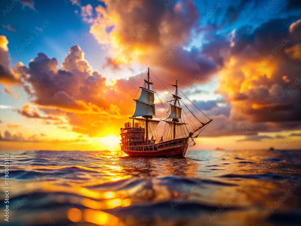 Obraz premium Miniature Pirate Ship at Sunset: A Whimsical Tilt-Shift Image