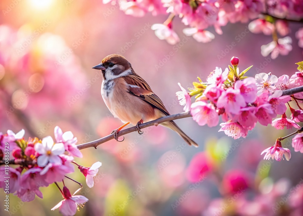 Fototapeta premium Miniature Sparrow on Cherry Blossom Branch - Spring Tilt-Shift Photography