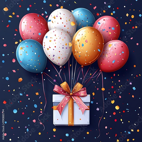 Happy Birthday holiday design for greeting cards. Bunting flags, balloons, confetti and gift box. Template for birthday celebration. Vector illustration.
