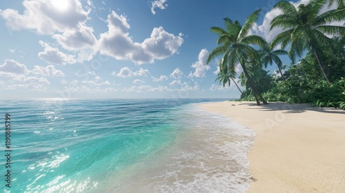 A serene beach scene with white sand, gentle waves