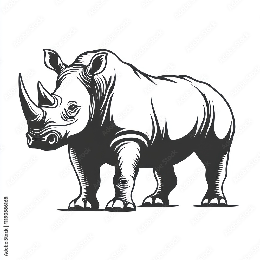Rhinoceros stands in savanna background. Ideal image for nature, wildlife conservation projects Rhinoceros stands in savanna background. Ideal image for nature, wildlife conservation projects
