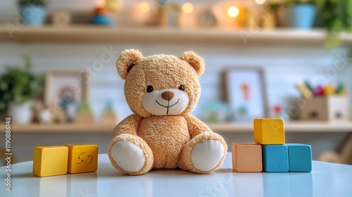 Soft teddy bear sitting on a table surrounded by colorful blocks in a cozy pl...