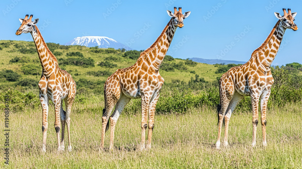 Obraz premium breathtaking wildlife photo of three giraffes in serengeti grasslands with mount kilimanjaro in the background, showcasing stunning panoramic african travel and safari experience