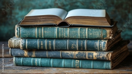 Old books stacked on each other surrounded by autumn leaves in a serene outdo...