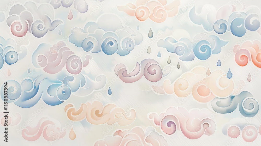 A whimsical illustration of clouds in pastel colors with swirling patterns and raindrops. A whimsical illustration of clouds in pastel colors with swirling patterns and raindrops.
