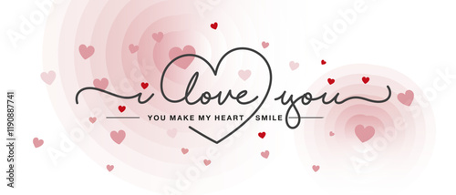 I Love You lettering quote for Valentine's Day. Handwritten calligraphy lettering inside line drawing heart. Love Valentine and Wedding vibes on floating hearts abstract white pink background