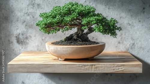 Bonsai tree and smaller plant displayed on a rustic wooden shelf with soft li...