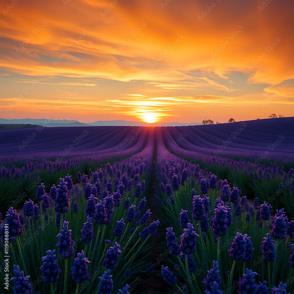 Obraz premium AI Generated breathtaking scene of rolling lavender fields glowing under a vibrant sunset sky with rich hues and textures