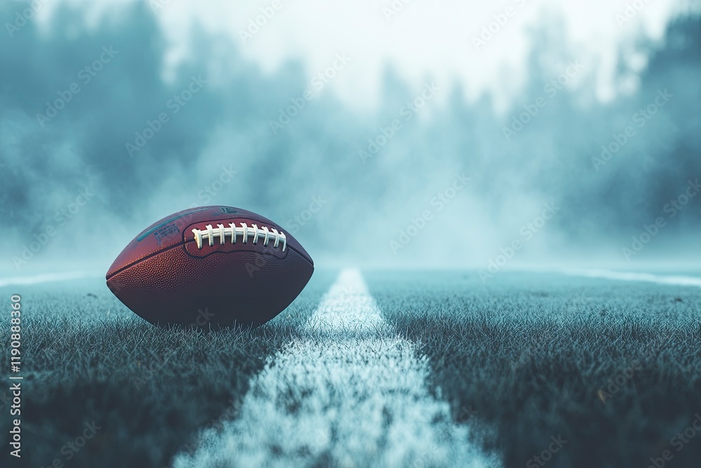 American football resting on a first down line during an American football game. The ball is ready to be snapped to start a new play. Lots of copy space American football resting on a first down line during an American football game. The ball is ready to be snapped to start a new play. Lots of copy space