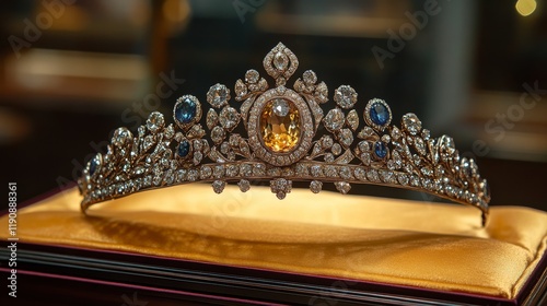 Elegant tiara adorned with sparkling jewels displayed on a plush cushion in a...