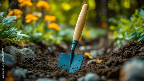 Garden shovel resting in freshly turned soil surrounded by colorful flowers i...