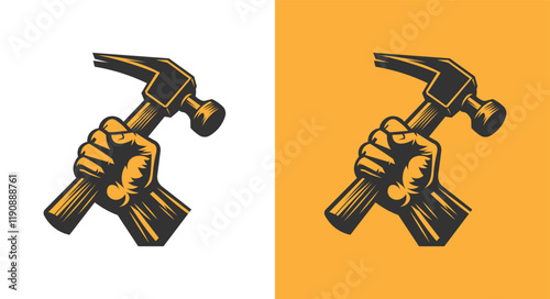 Hand with hammer, construction workers symbol for labor day. Clean, bold, black vector artwork.