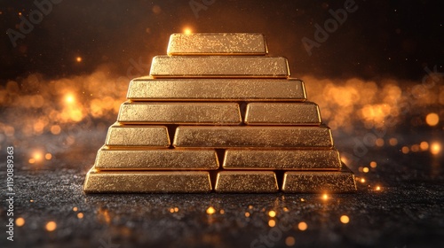Gold bars stacked on a rustic wooden table in a well-lit environment