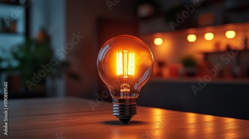 Vintage light bulb glowing warmly in a cozy indoor setting during evening hours