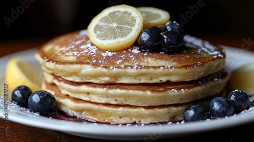 Fluffy pancakes served with lemon slices and blueberries on a white plate