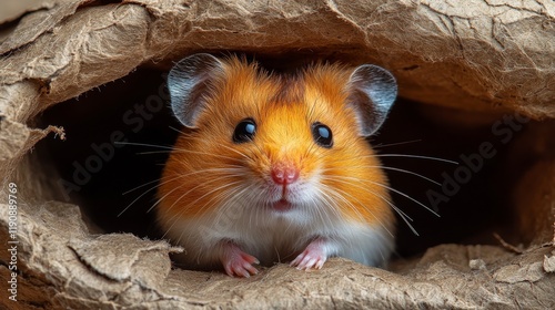 Cute small rodent peeking out from a crumpled paper tunnel in a cozy environment