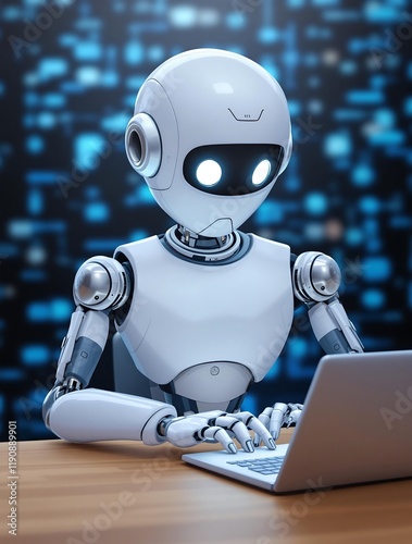 Obraz na płótnie Futuristic robot mascot with sleek metallic design typing on modern computer w salonie