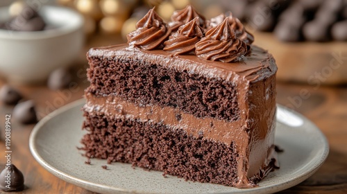 Decadent chocolate cake slice topped with fresh raspberries and mint served o...