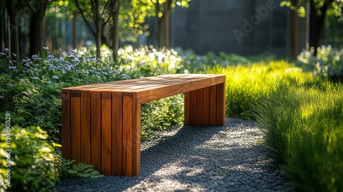 Elegant outdoor bench in a serene garden at sunset near modern architecture