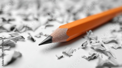 Orange pencil resting on scattered pencil shavings on a plain surface