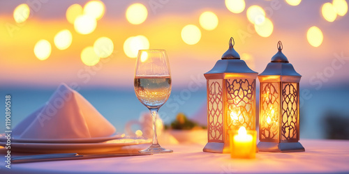 Metallic silver lanterns illuminate a suhoor table with intricate light patterns photo