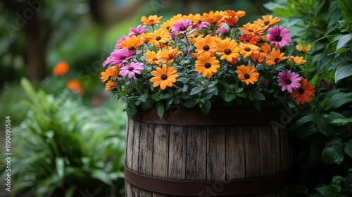 Vibrant orange and pink flowers blooming in a rustic barrel planter in a lush...