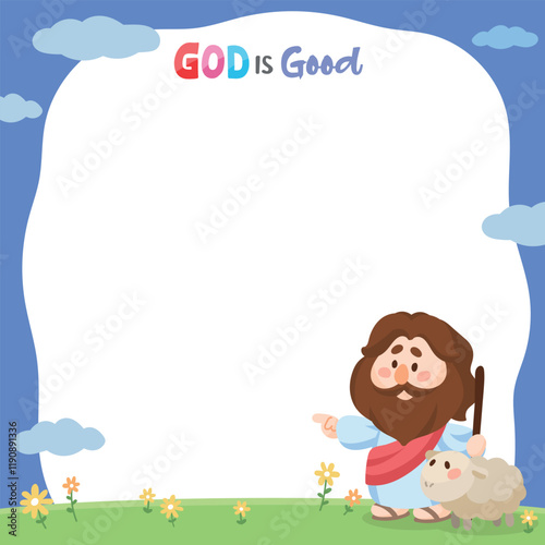 Illustration of cute cartoon Jesus leading a lamb with hand pointing to the future with blue sky and grass background