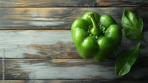 Fresh green bell pepper on wooden surface with water droplets, showcasing vibrant color and texture