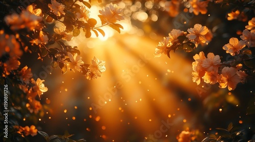 Golden Hour Blossoms with Radiant Sunlight. Generative AI