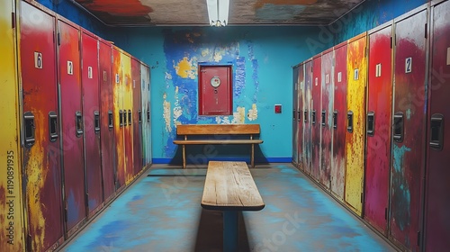 A locker room with rows of old metallic lockers on the sides a wooden bench in the middle and some basins at the back isolated on a colorful background