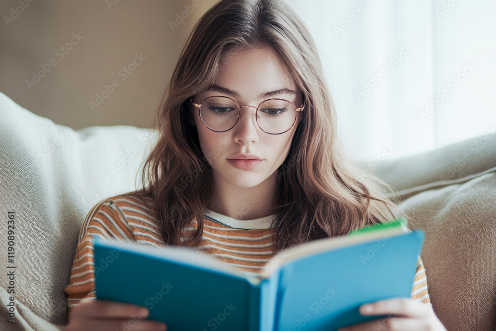 Young woman with glasses reading a blue book on a comfortable couch, enjoying a quiet and focused moment. Young woman with glasses reading a blue book on a comfortable couch, enjoying a quiet and focused moment.